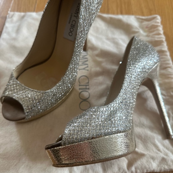 JIMMY CHOO GLITTER PEEP TOE PUMPS SZ 8.5 - Picture 2 of 16